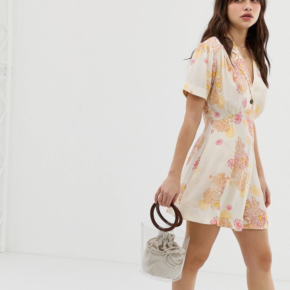 Free people Hawaii mini dress neutral combo floral design v-neck large